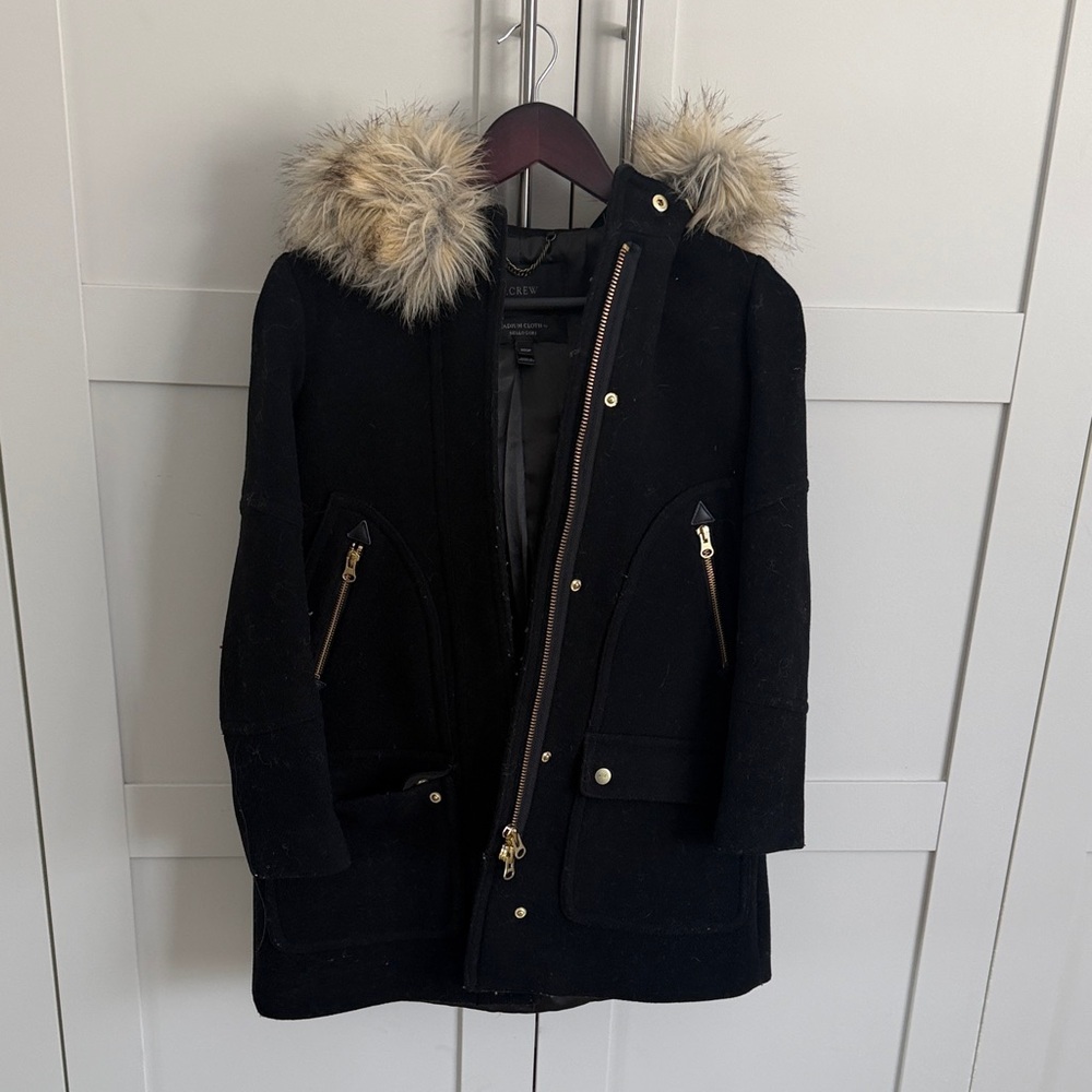 J. Crew Black Puffer Coat with Fur Trim